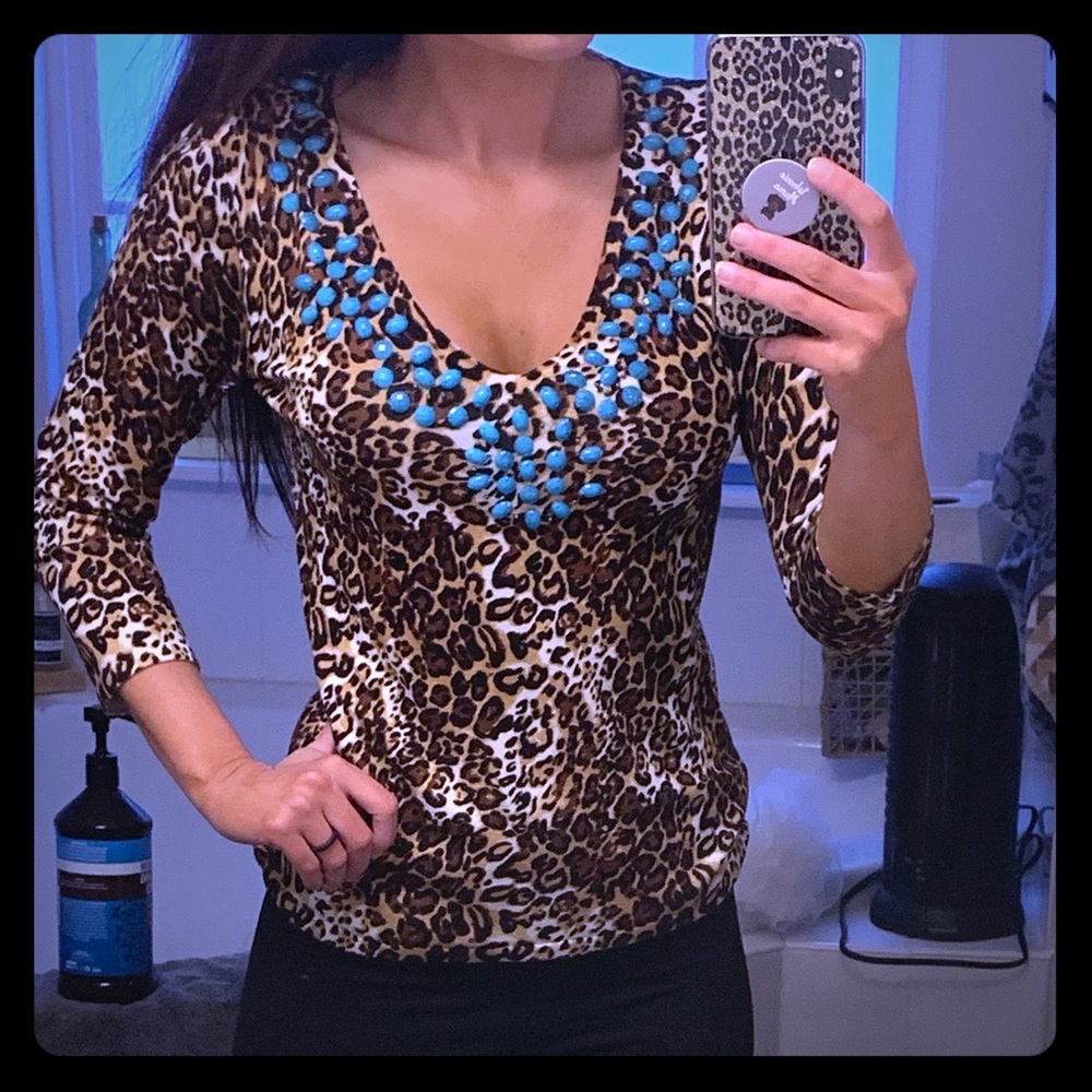 Leopard print blouse with turquoise stones